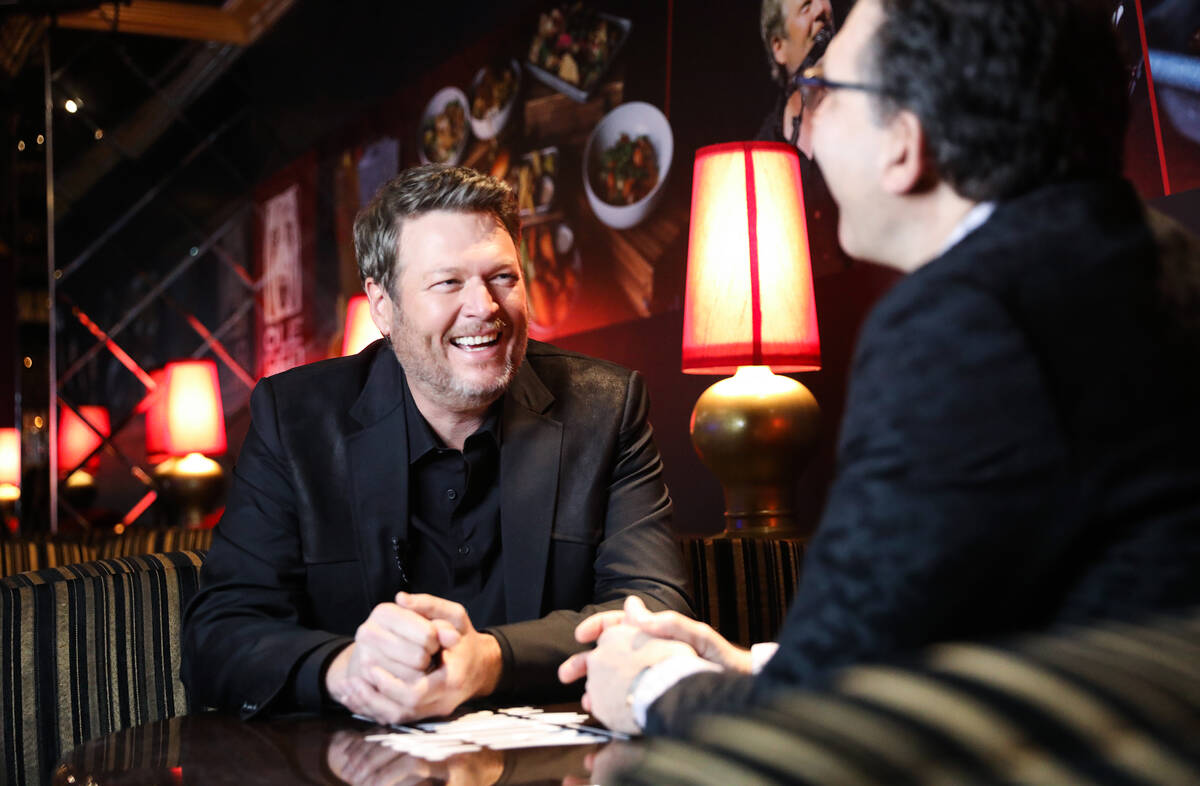 John Katsilometes, right, interviews country musician Blake Shelton, left, at Horseshoe Las Veg ...