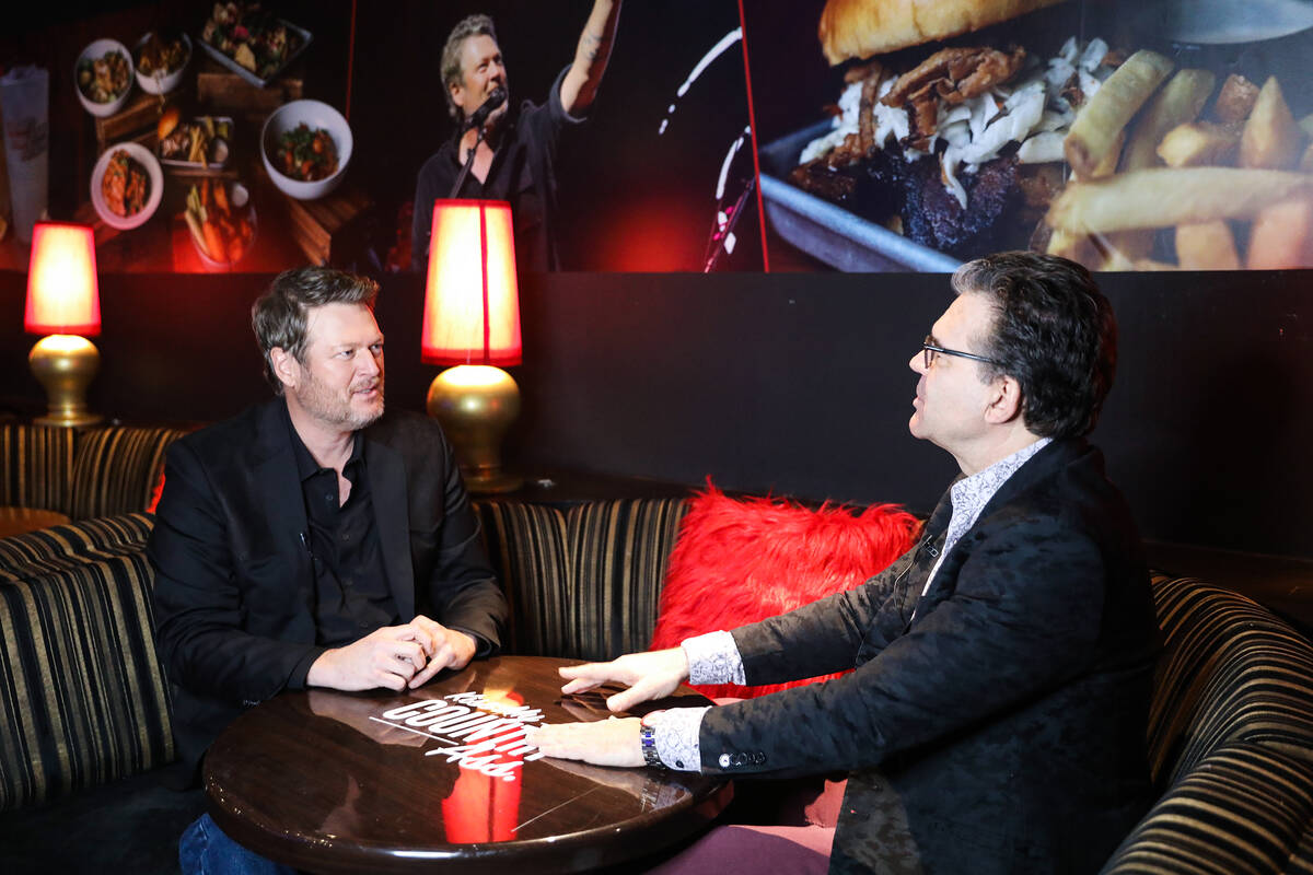 John Katsilometes, right, interviews country musician Blake Shelton, left, at Horseshoe Las Veg ...