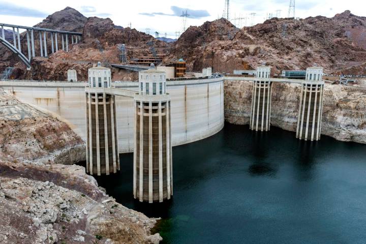 The intake towers at Hoover Dam are where water enters from Lake Mead to generate electricity a ...