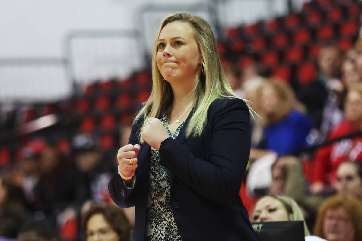 UNLV Lady Rebels head coach Lindy La Rocque reacts after her team's score against the Wyoming C ...