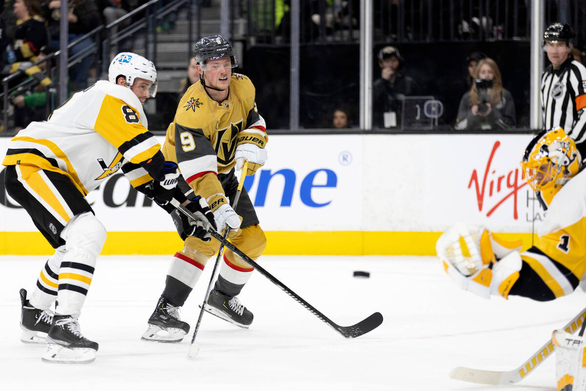 Vegas Golden Knights center Jack Eichel (9) shoots on Pittsburgh Penguins goaltender Casey DeSm ...