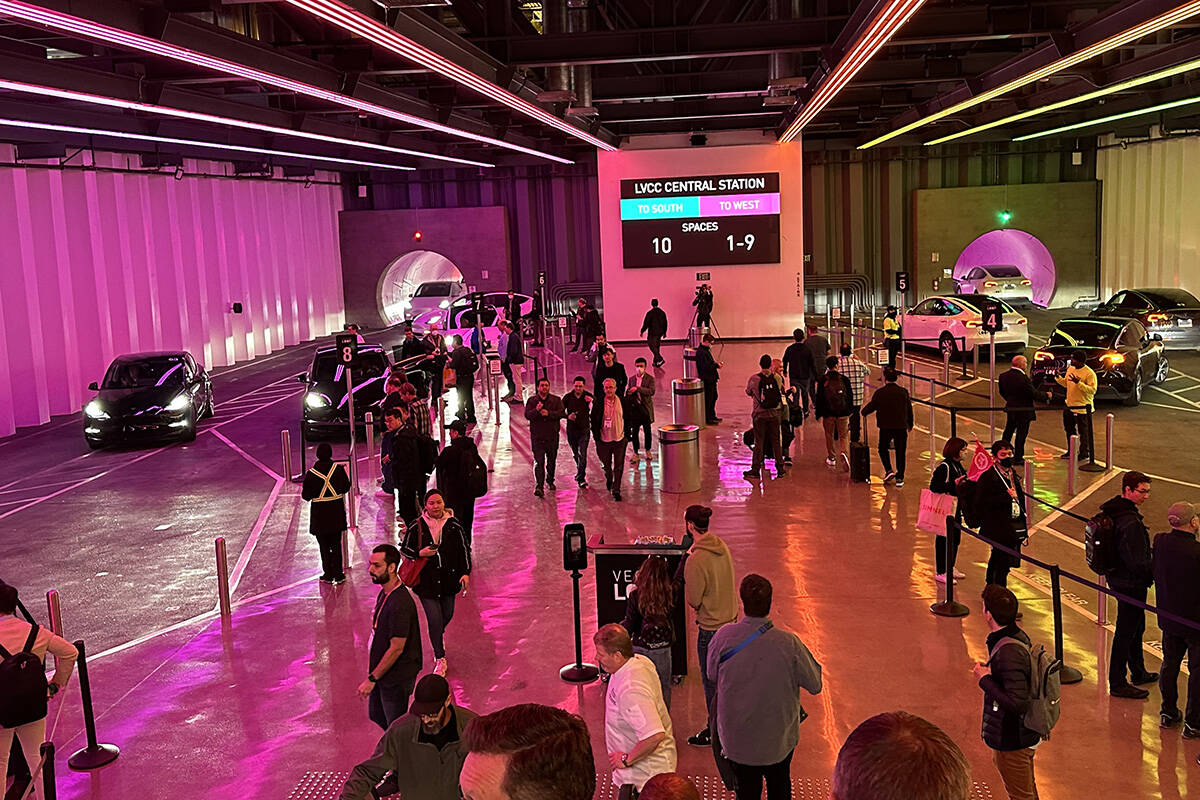 CES attendees in Central Station of the Boring Company's Vegas Loop at the Las Vegas Convention ...