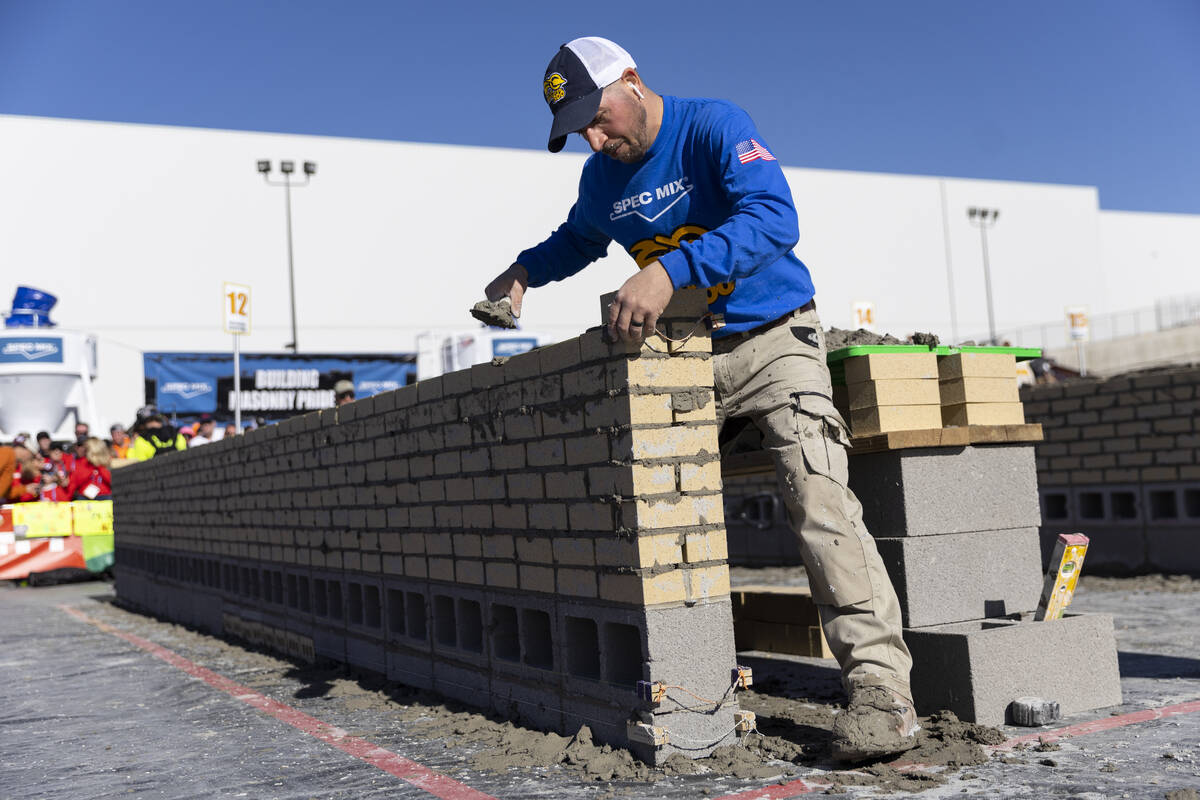 Phil Bachetti participates in the World of Concrete Convention bricklaying competition at the L ...