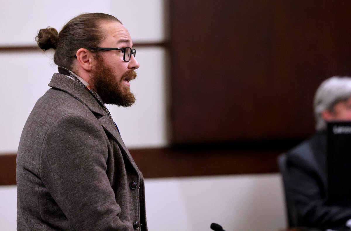 Adam Solinger, attorney for former Henderson police union President Gary Hargis, appears for hi ...