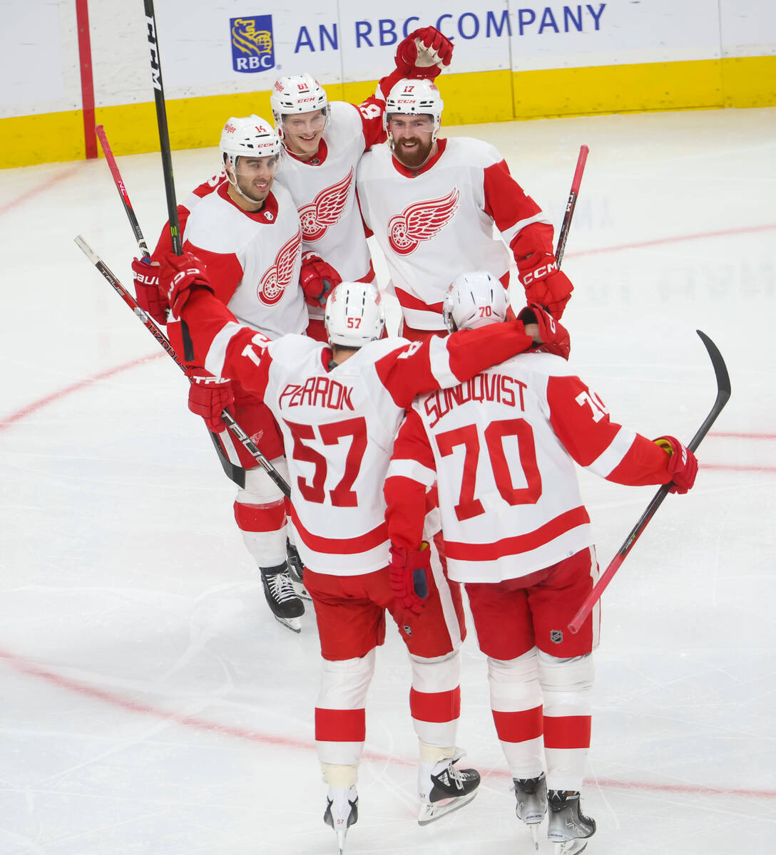 The Detroit Red Wings celebrate after scoring against the Golden Knights during the second peri ...