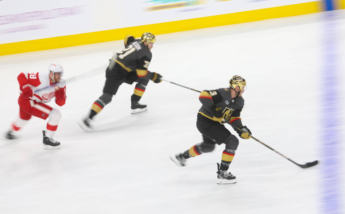 Vegas Golden Knights defenseman Brayden McNabb (3) skates with the puck during the second perio ...
