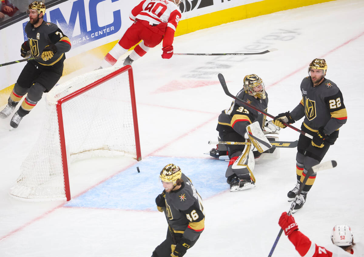 Golden Knights goaltender Adin Hill (33) gives up a goal to the Detroit Red Wings during the se ...