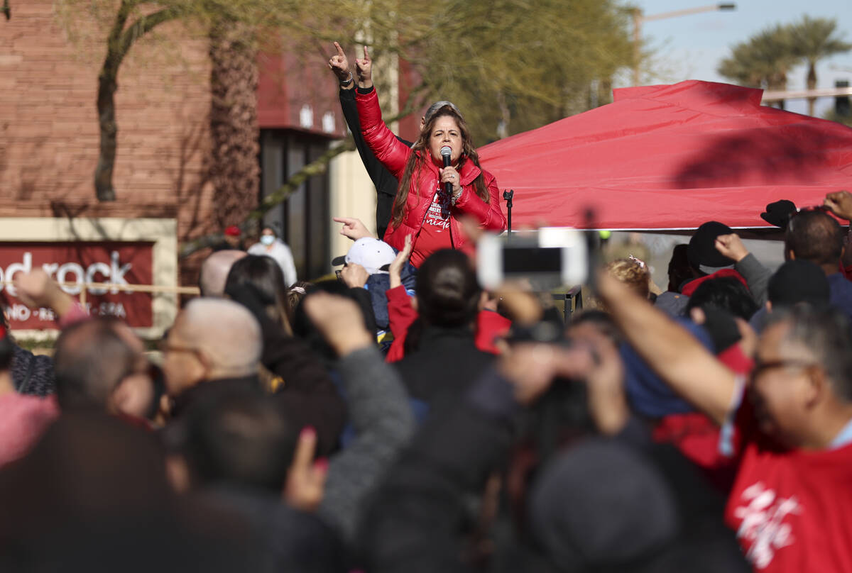 Culinary Local 226 president Diana Valles rallies the crowd outside of Station Casinos headquar ...