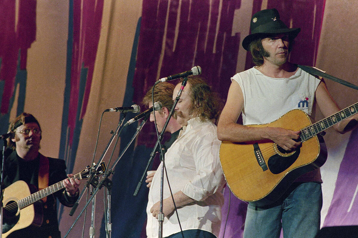 From left to right: Stephen Stills, Graham Nash, David Crosby and Neil Young during Live Aid co ...
