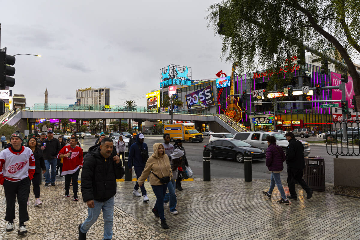 Traffic moves along the Las Vegas Strip on Thursday, Jan. 19, 2023, in Las Vegas. (Chase Steven ...