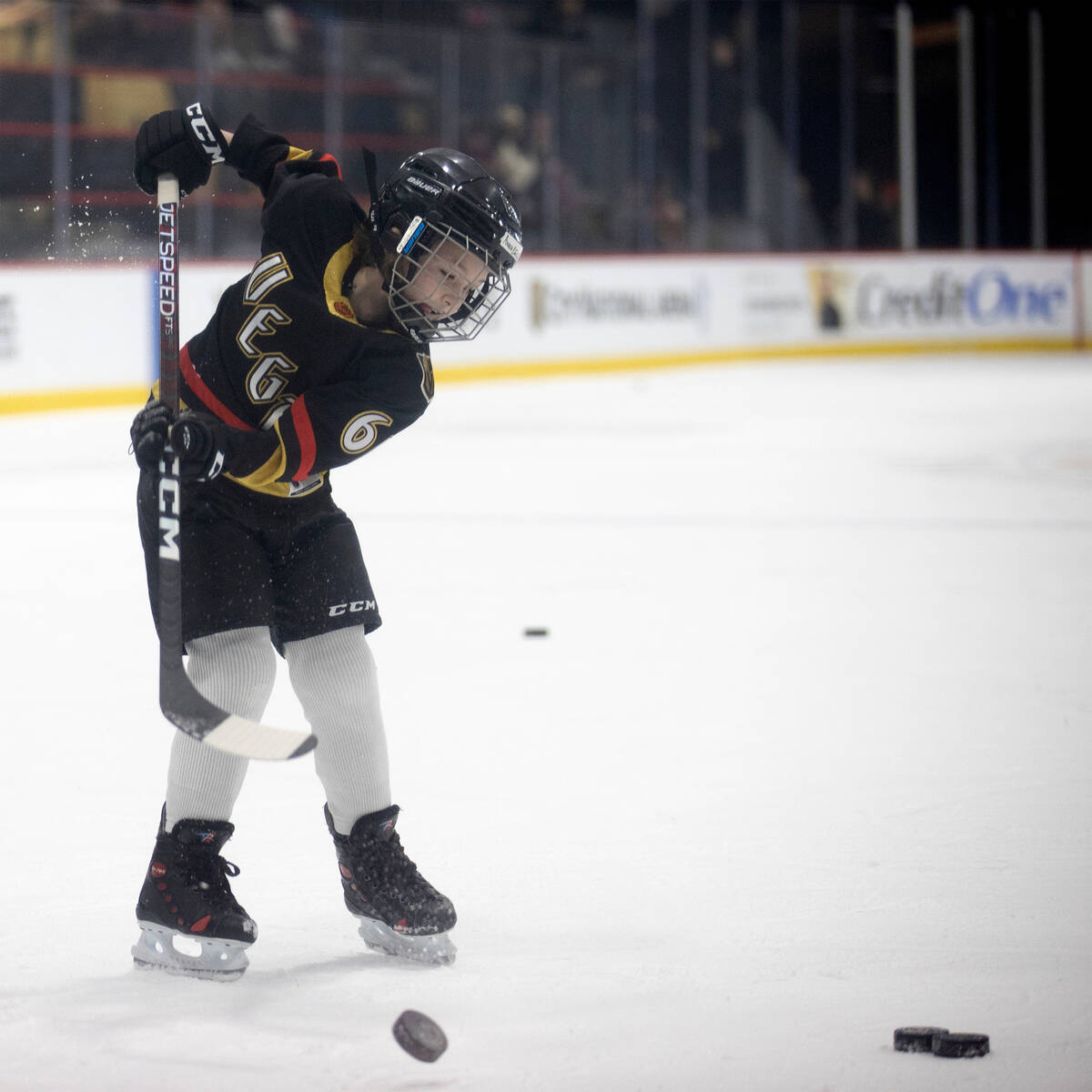 Annabelle Hanson, 8, hits a snapshot during practice City National Arena on Friday, Jan. 20, 20 ...