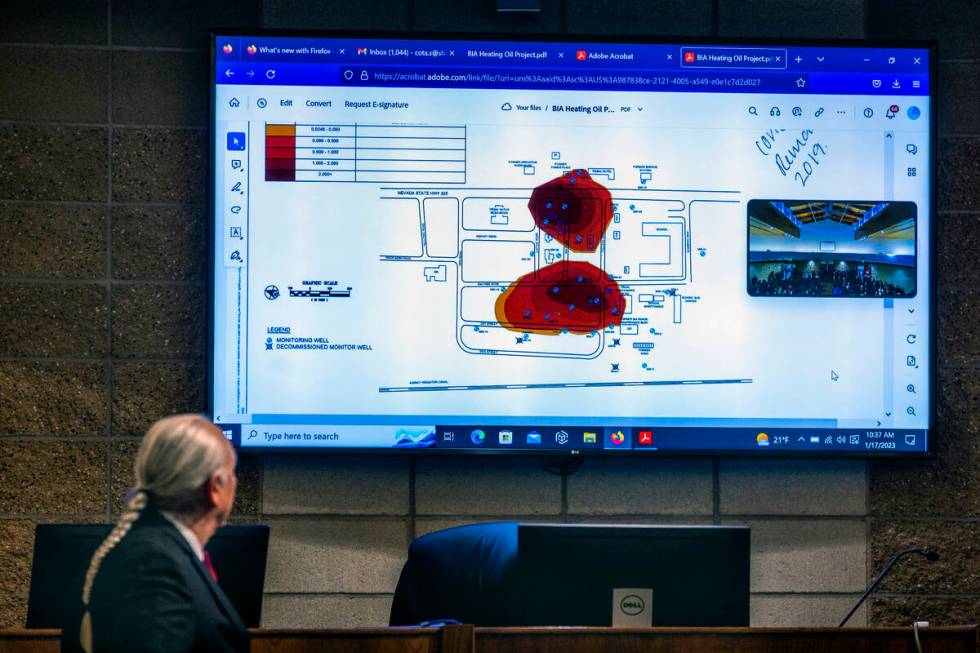 Shoshone-Paiute Tribal Chairman Brian Mason informs looks to a diagram as he informs tribal emp ...