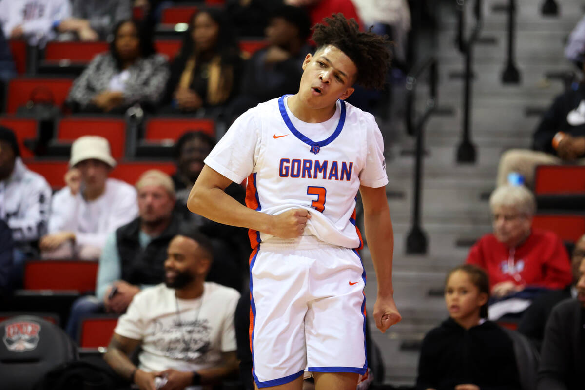 Gorman's Keenan Bey (2) reacts after scoring a basket during the first half of a Big City Showd ...
