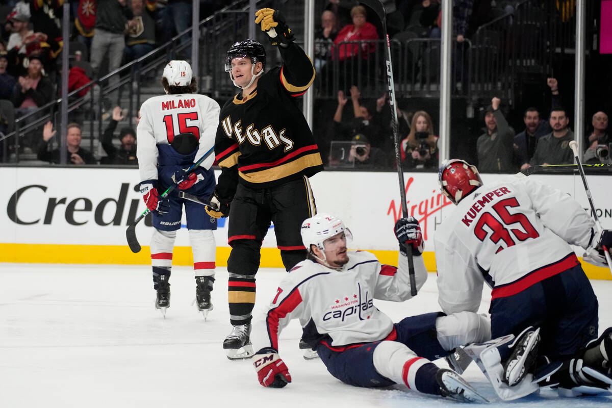 Vegas Golden Knights center Byron Froese (51) celebrates after scoring against the Washington C ...