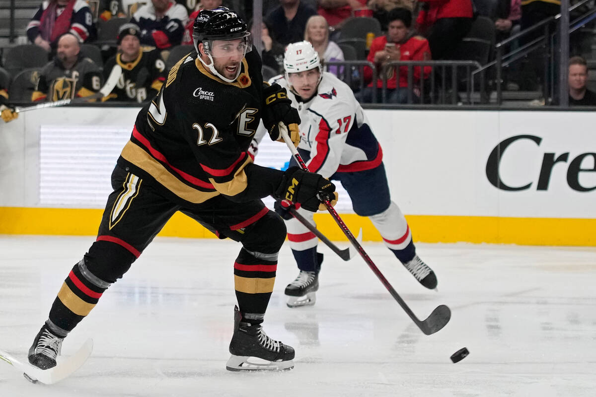 Vegas Golden Knights right wing Michael Amadio (22) shoots to score against the Washington Capi ...