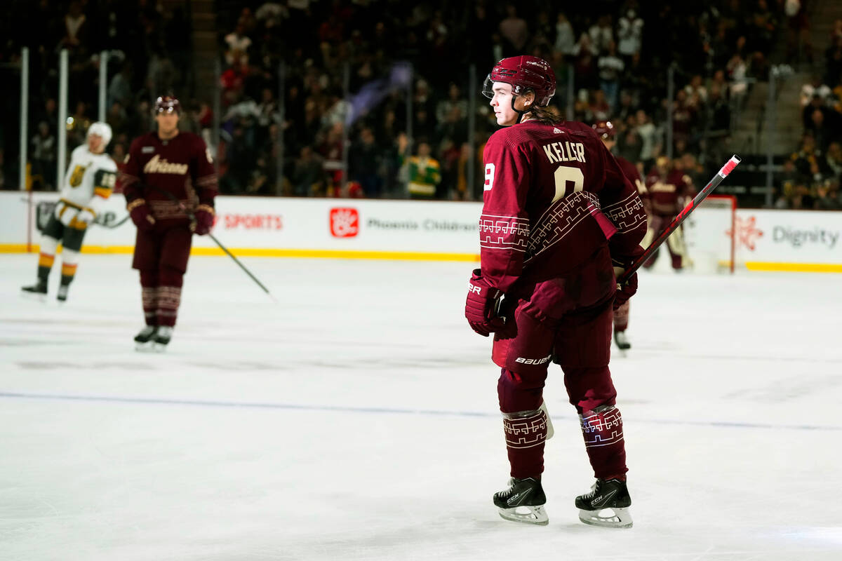 Arizona Coyotes right wing Clayton Keller (9) pauses on the ice after scoring an empty-net goal ...