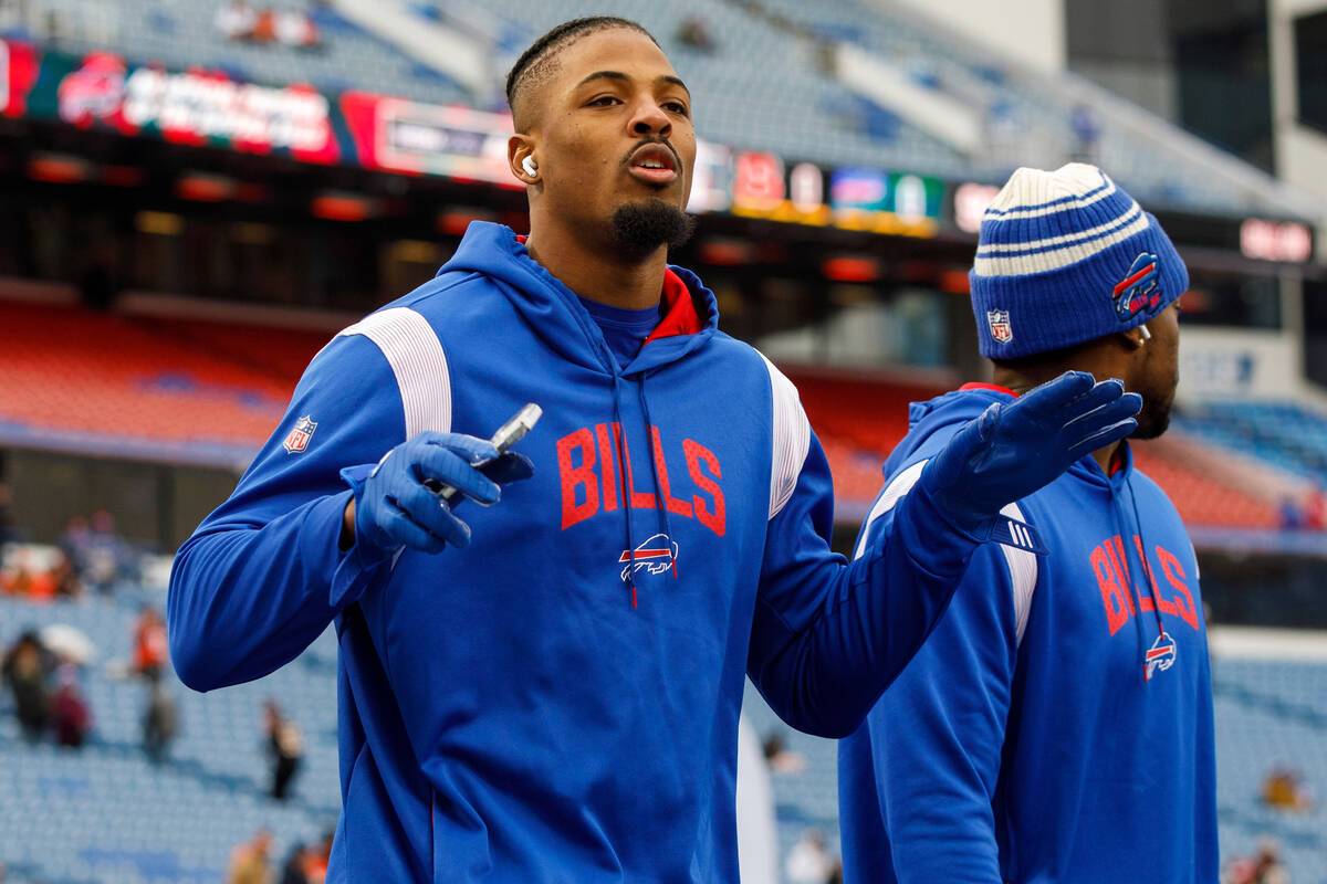 Buffalo Bills defensive end Greg Rousseau (50) warms up before an NFL divisional round playoff ...