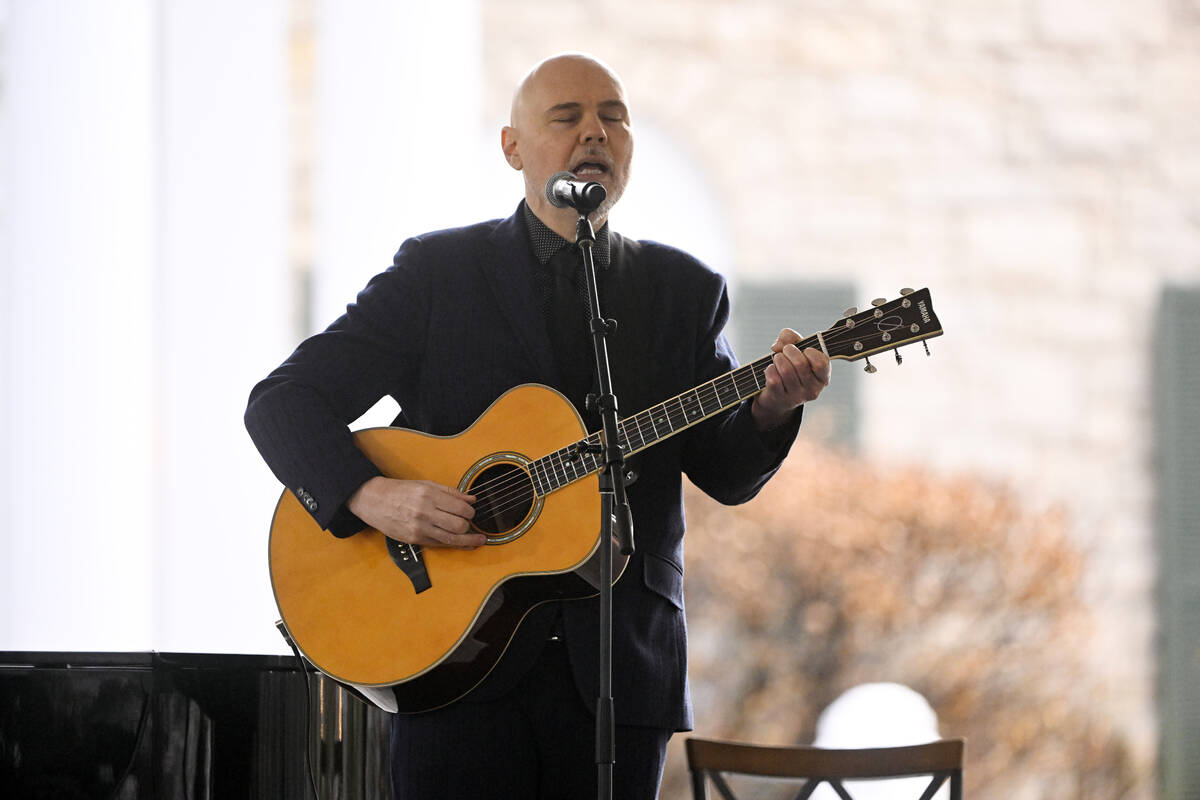 Billy Corgan performs during a memorial service for Lisa Marie Presley Sunday, Jan. 22, 2023, i ...