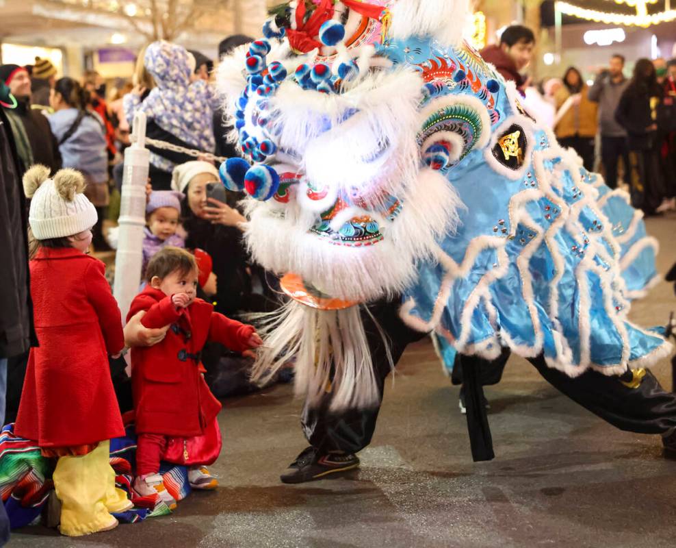 Members of Guan Strong Lion Arts get up close with the crowd during a lion dance during Downtow ...