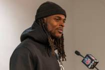 Raiders wide receiver Davante Adams smiles during a news conference after taking a 22-16 win in ...