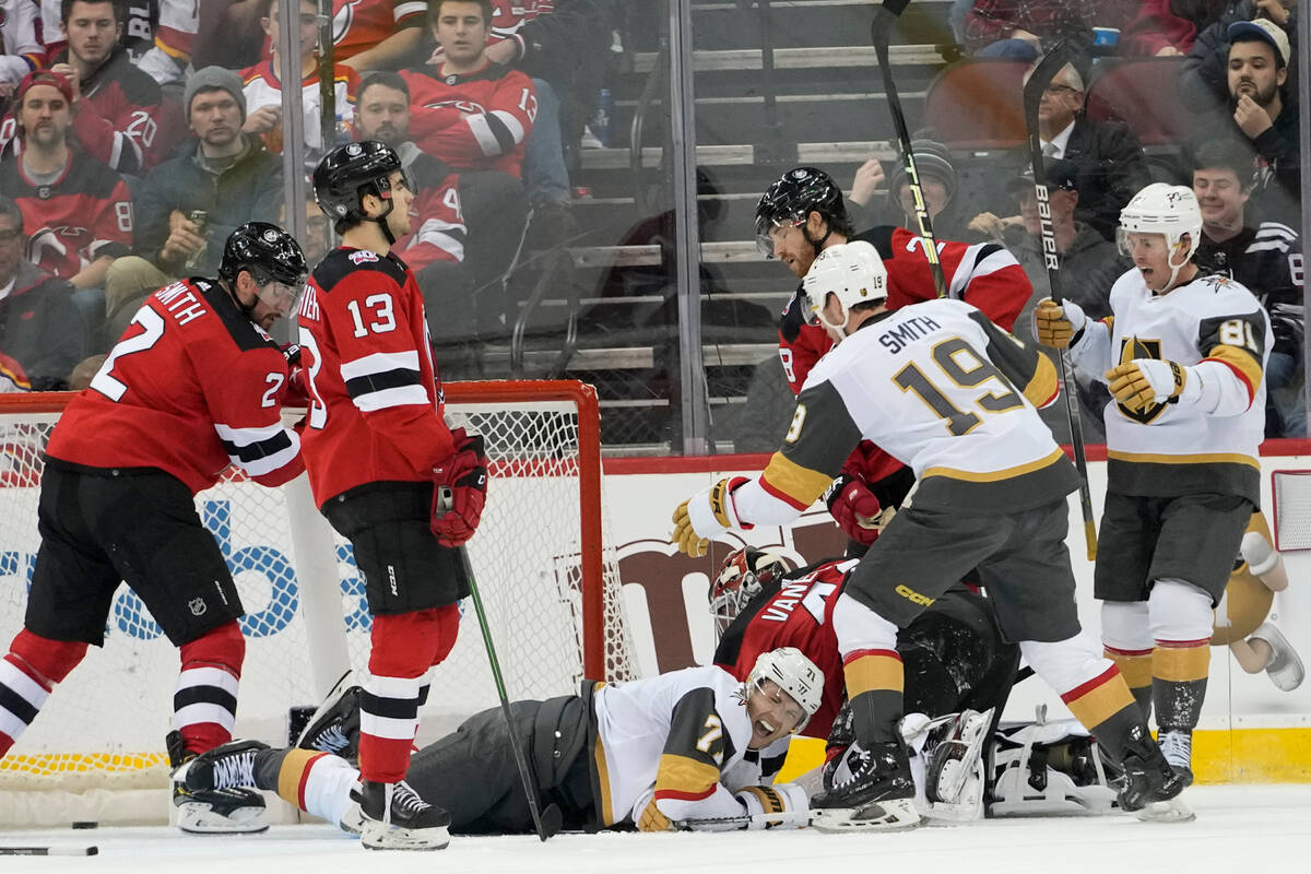 Vegas Golden Knights center William Karlsson (71) reacts after scoring against the New Jersey D ...