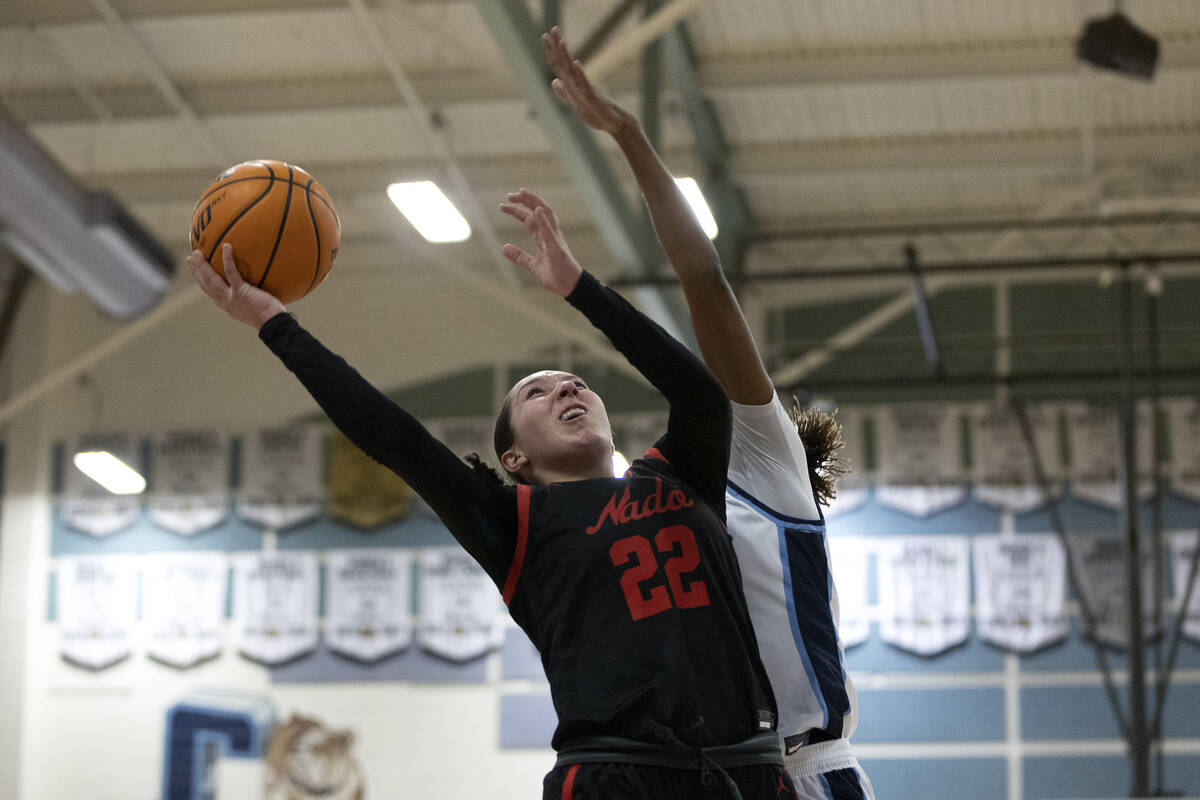 Coronado’s AJ Wick (22) shoots against Centennial’s Kaliyah Dillard, behind, duri ...