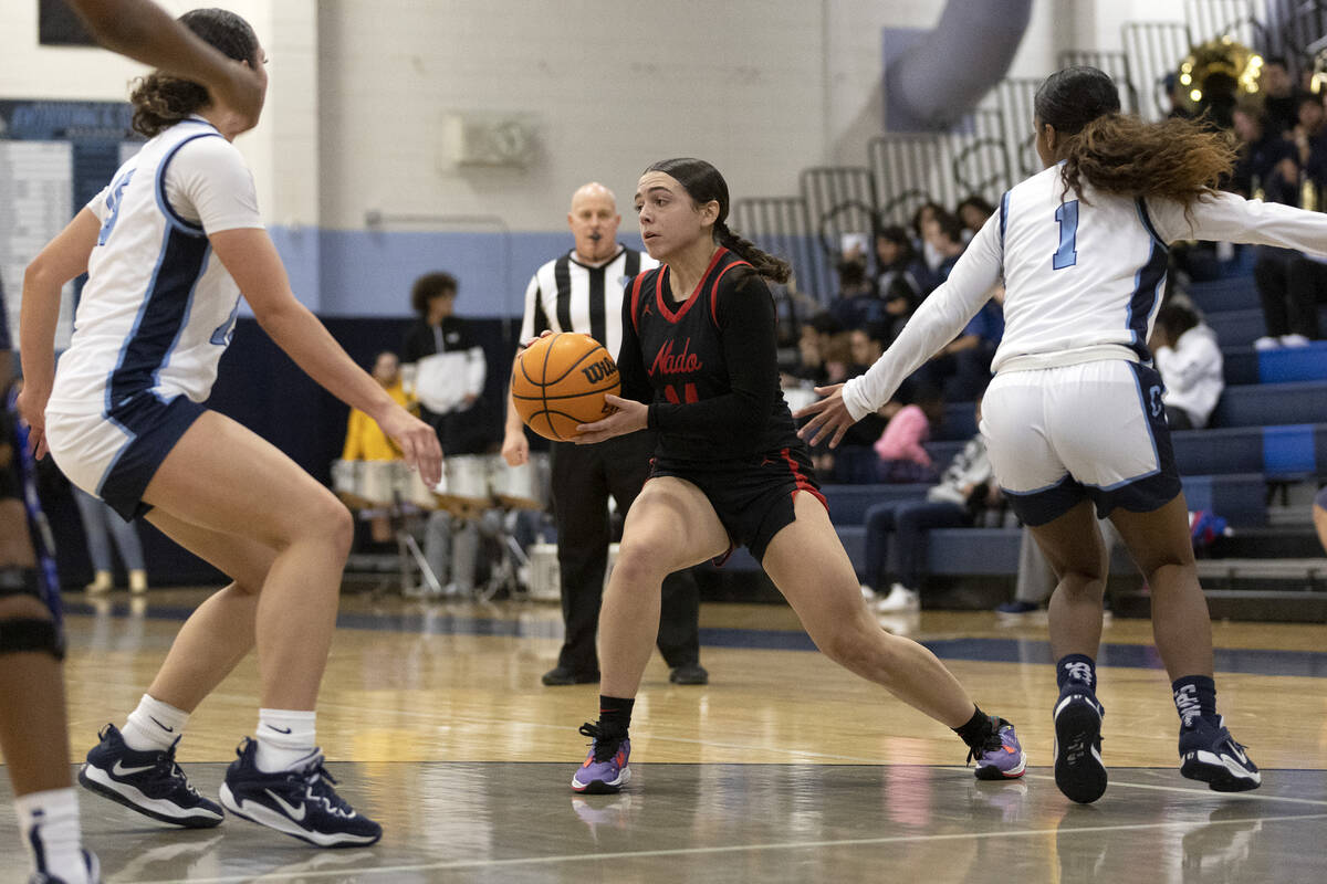 Coronado’s Kaylee Walters, center, looks for an opening between Centennial’s Jada ...