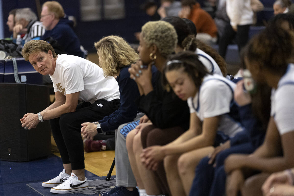Centennial head coach Karen Weitz looks toward the bench for a substitute during a girls high s ...