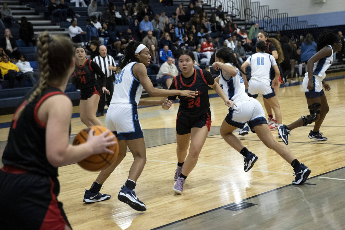 Coronado’s Savannah Lopez, right, looks to pass toward her teammate Sunny Li (24) who is ...