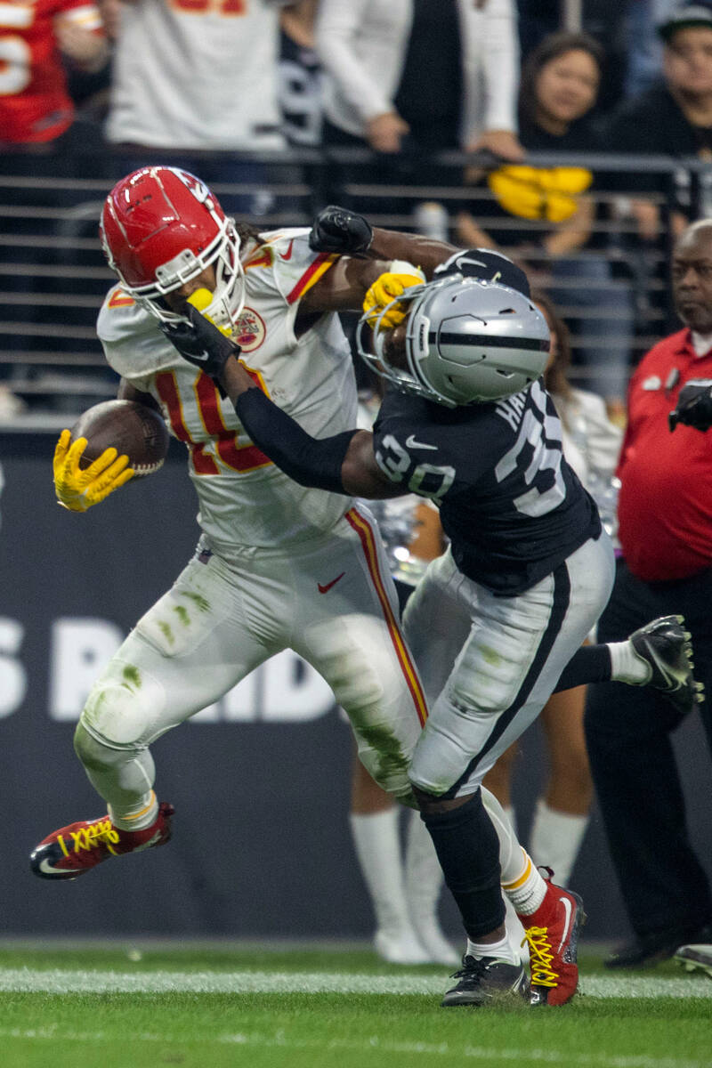 Raiders safety Duron Harmon (30) attempts to tackle Kansas City Chiefs running back Isiah Pache ...