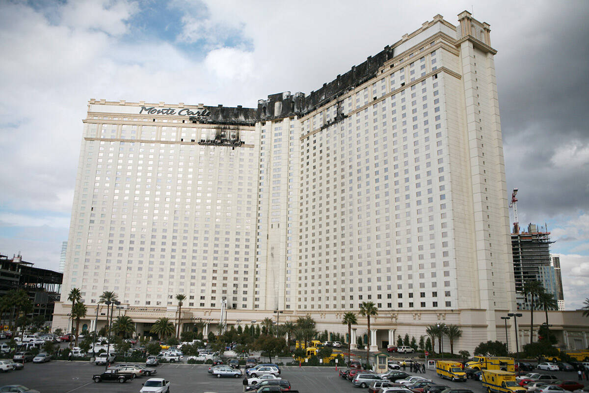 The fire-scarred facade of the Monte Carlo hotel-casino is shown Friday, Jan. 25, 2008, in Las ...