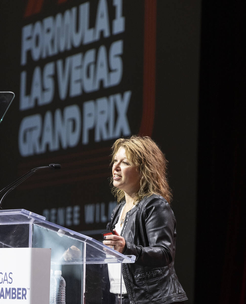 Renee Wilm, CEO of the Las Vegas Grand Prix, speaks during the Vegas Chamber's annual forecasti ...