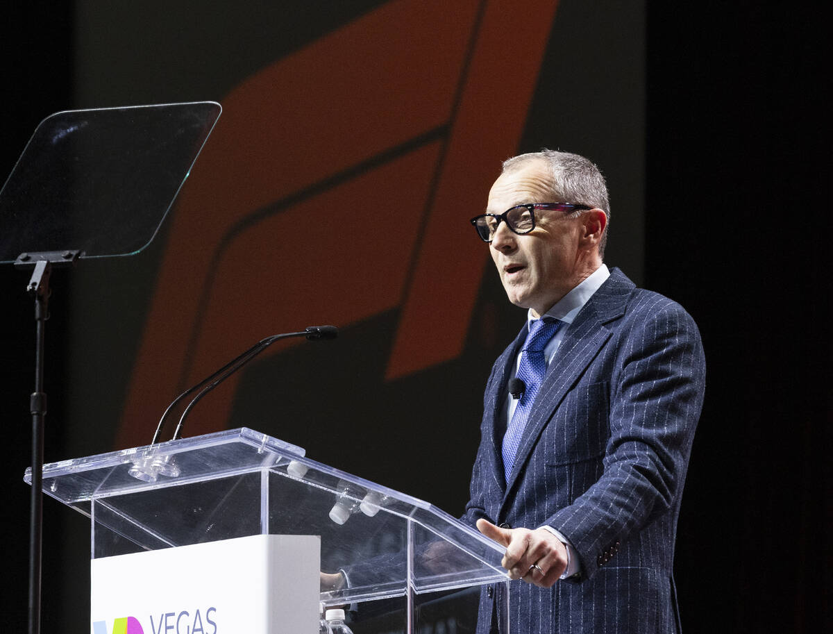 Stefano Domenicali, president and CEO of Formula One, speaks during the Vegas Chamber's annual ...