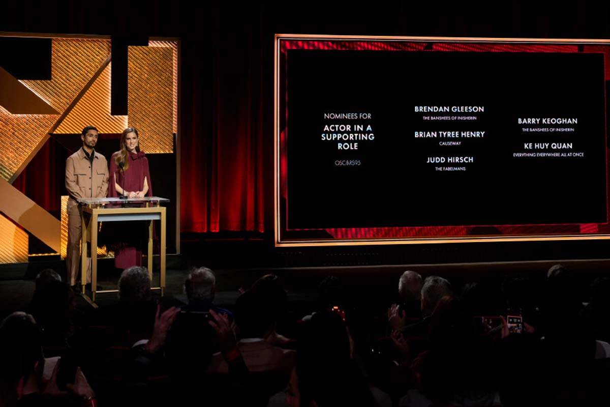Riz Ahmed, left, and Allison Williams announce the Academy Awards nominations for best actor in ...