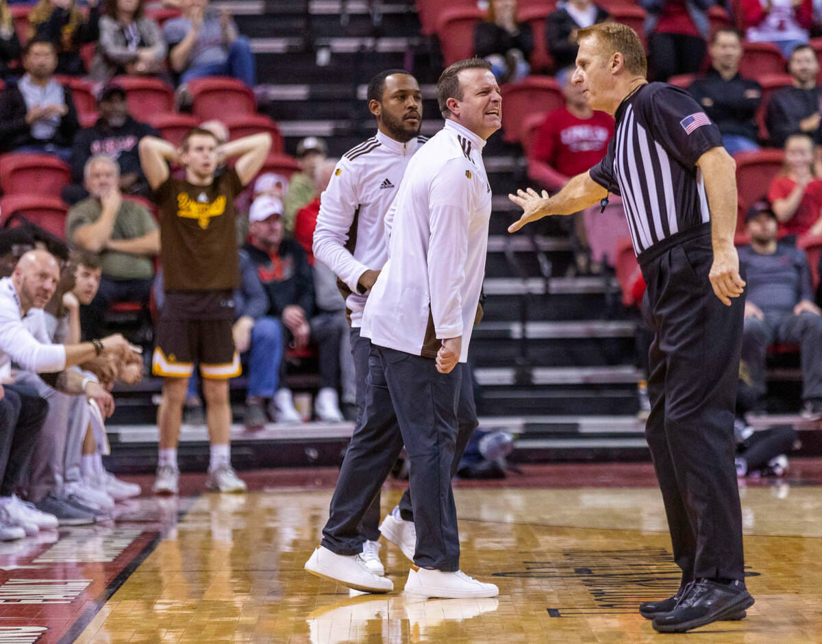 Wyoming Head Coach Jeff Linder is displeased with a foul call in favor of UNLV during the secon ...