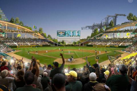 This rendering provided by the Oakland Athletics and BIG - Bjarke Ingels Group shows an interio ...