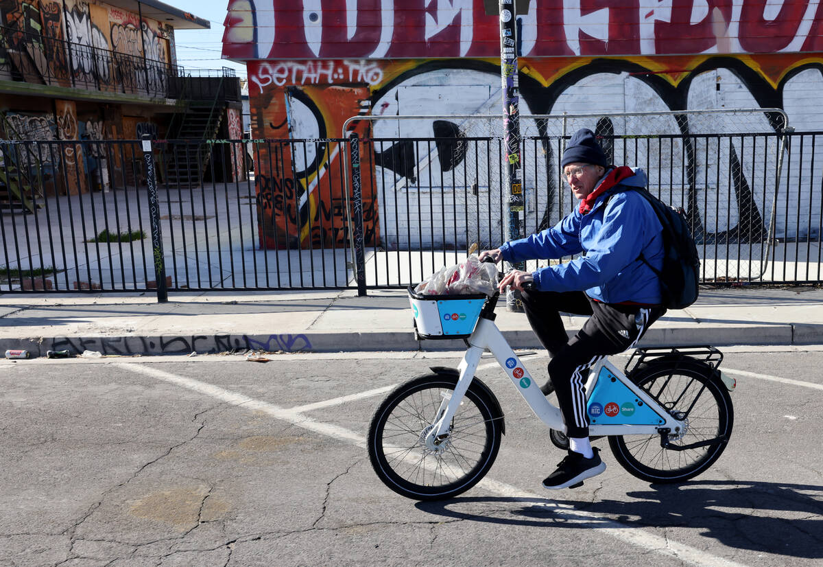 Richard Birmingham during his daily bicycle outreach ride in downtown Las Vegas Monday, Jan. 23 ...