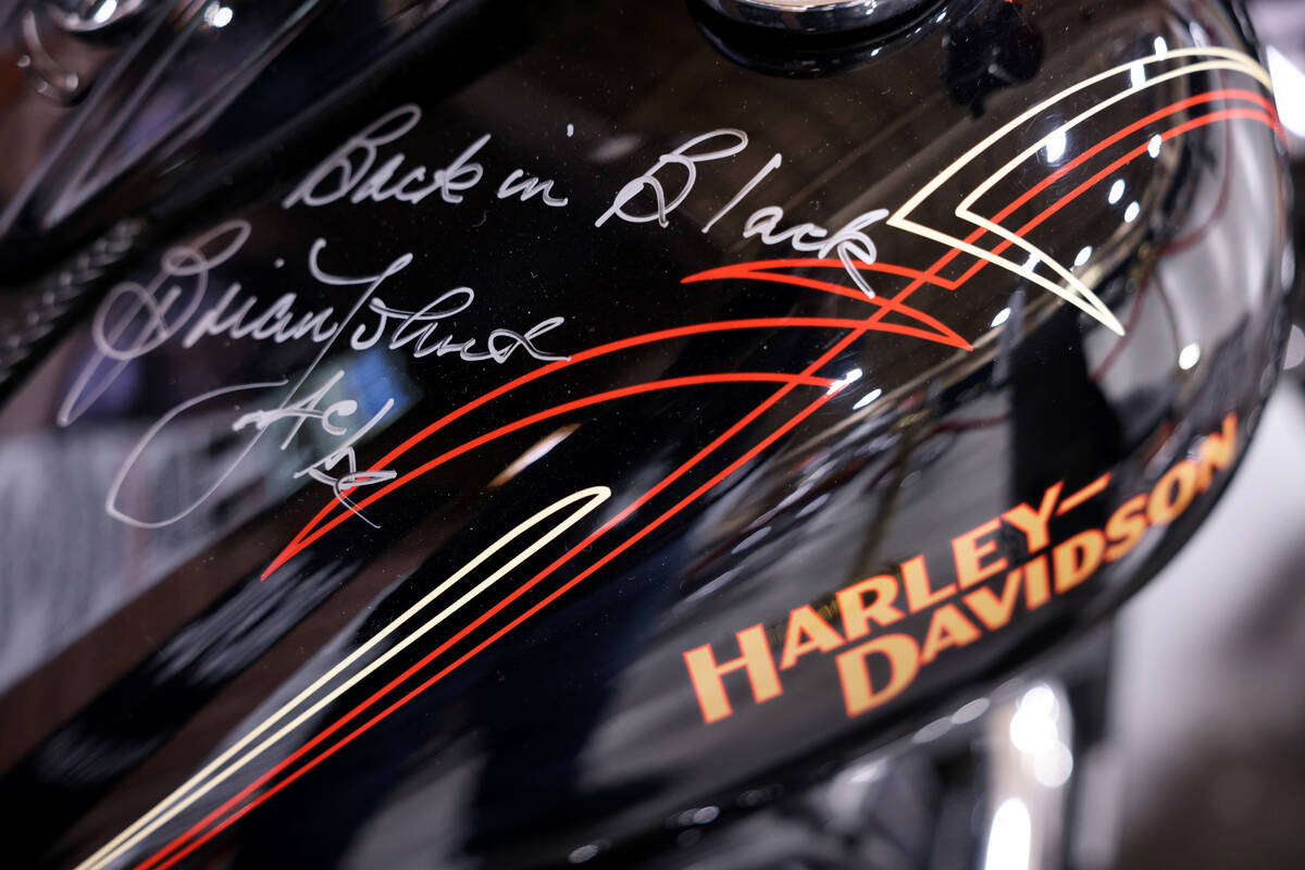 A 2009 Harley-Davidson Cross Bones, once owned by AC/DC lead singer Brian Johnson, on display a ...
