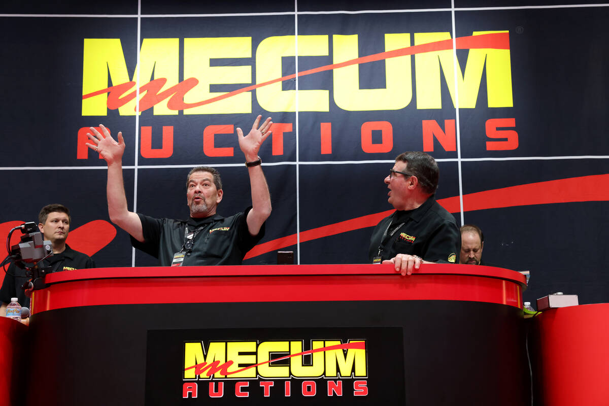 Auctioneer Jimmy Landis fires up the crowd at the Mecum Las Vegas Vintage and Antique Motorcycl ...