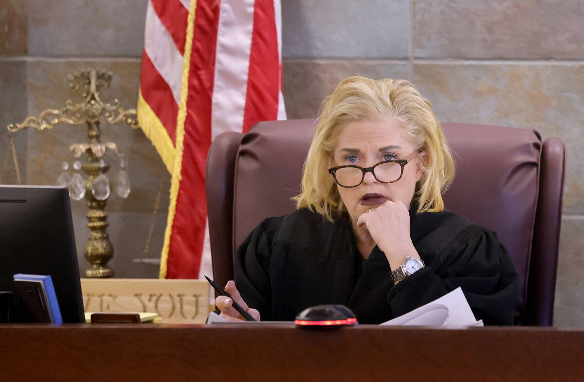 District Judge Michelle Leavitt listens in court on Wednesday, Jan. 25, 2023, during a hearing ...