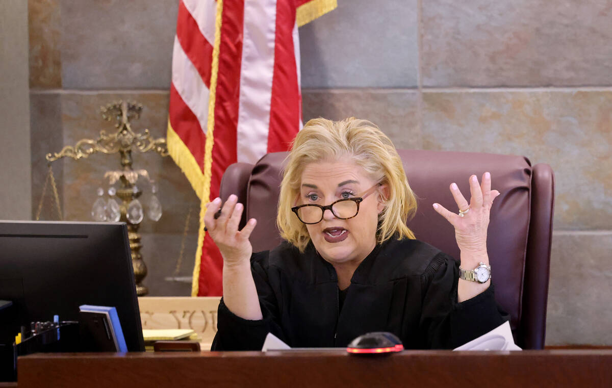 District Judge Michelle Leavitt asks a question in court Wednesday, Jan. 25, 2023, during a hea ...