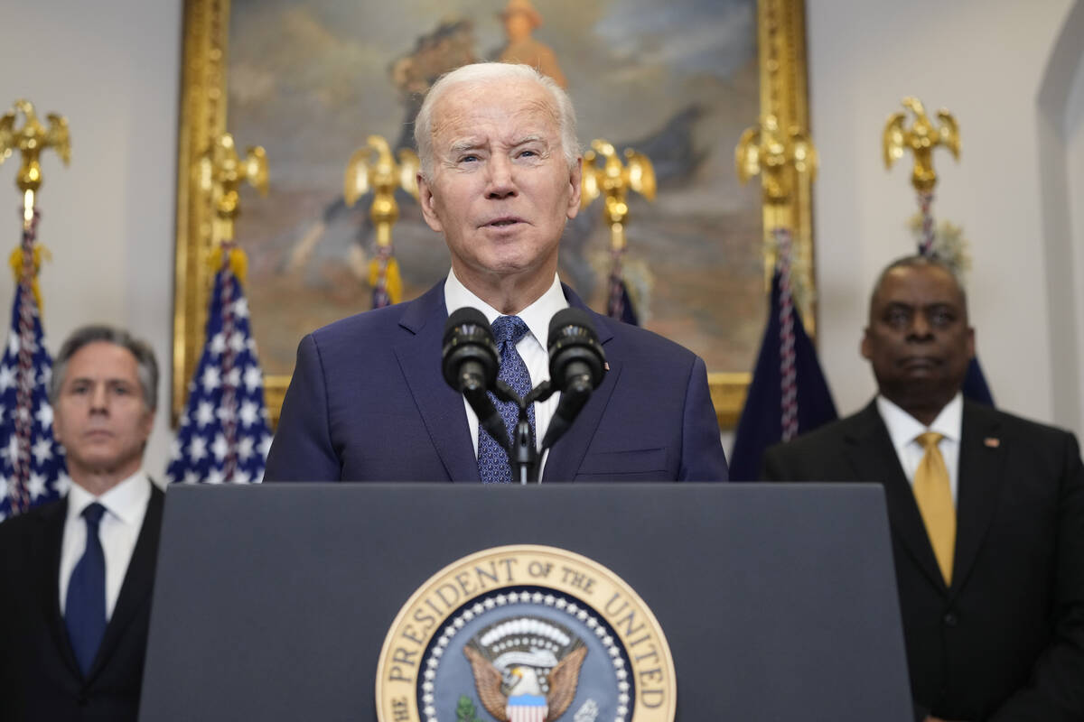 President Joe Biden speaks about Ukraine from the Roosevelt Room at the White House in Washingt ...