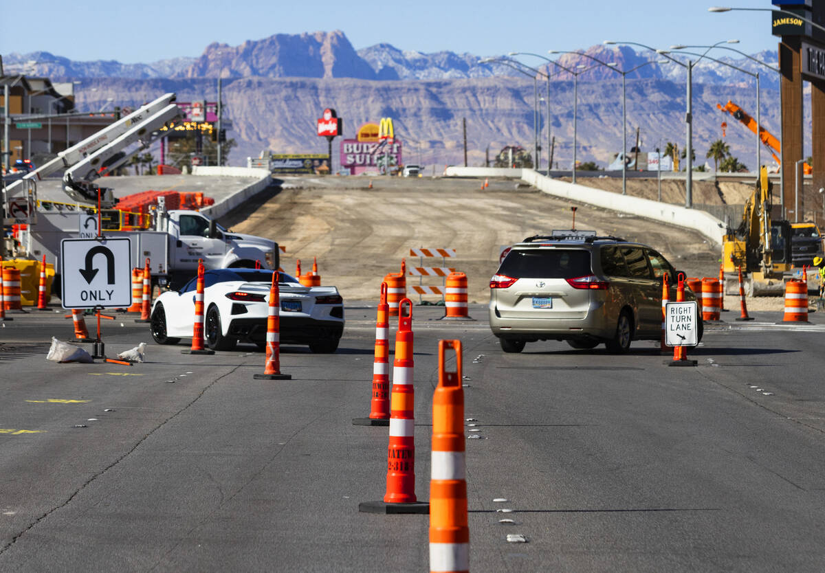 Motorists make U-turns as construction is underway on Tropicana Avenue near Interstate 15, on T ...