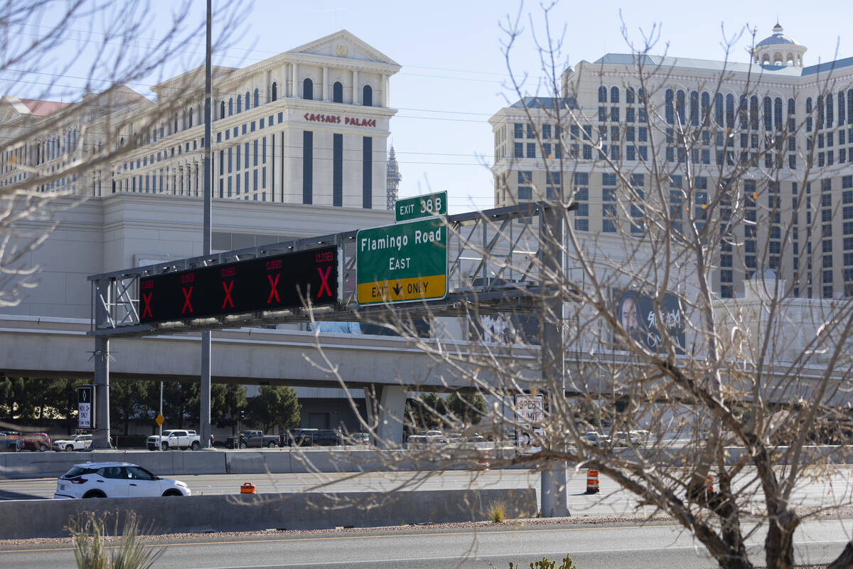 The completely closed I-15 freeway between Russell and Flamingo roads is seen from near the Fla ...