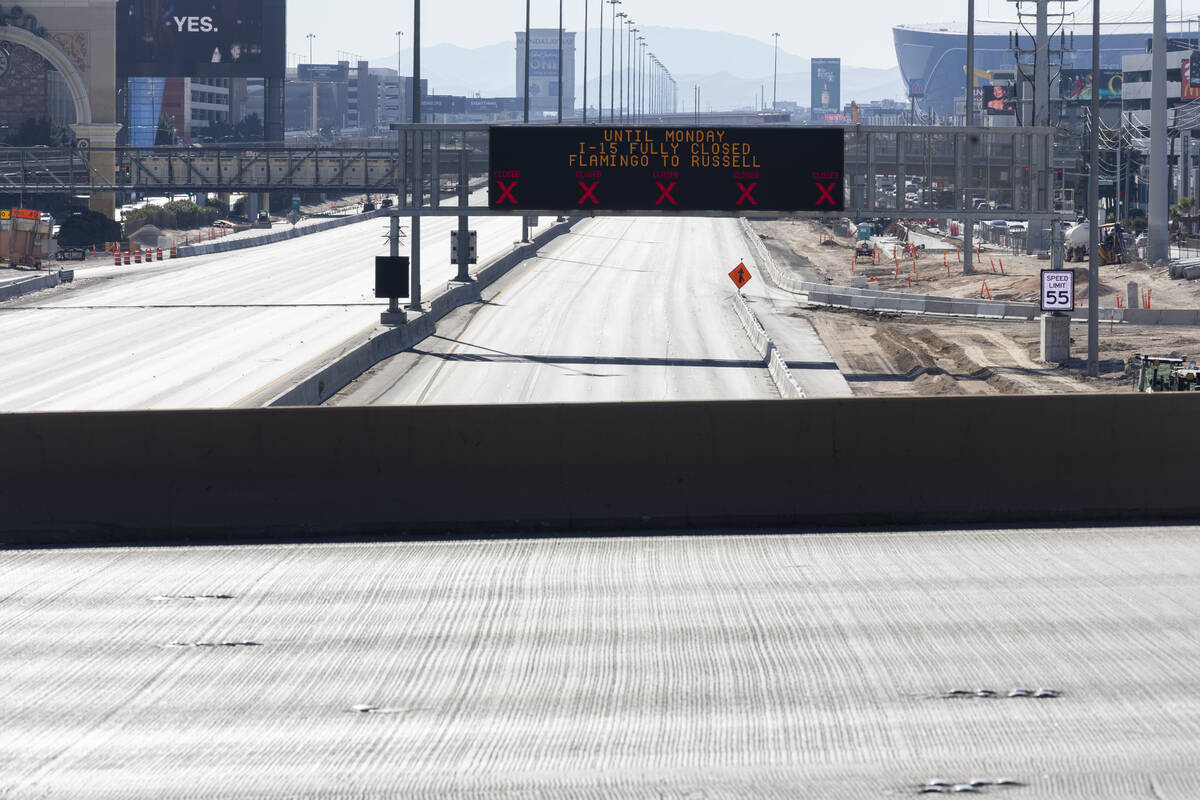 The completely closed I-15 freeway between Russell and Flamingo roads is seen from near the Fla ...