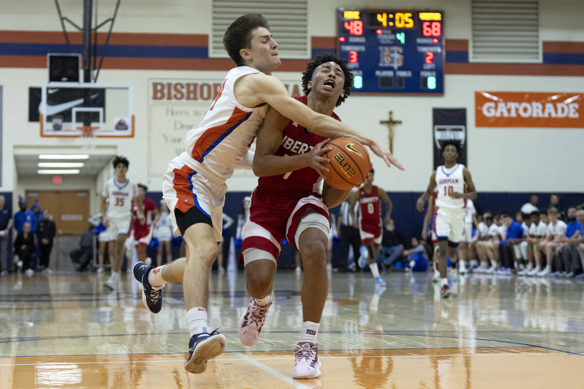 Bishop Gorman’s Ryder Elisaldez, left, commits what referees deemed a technical foul on ...