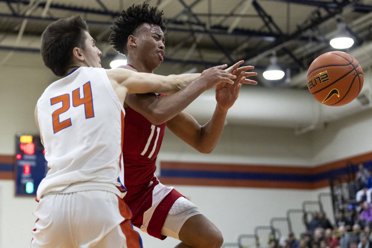 Bishop Gorman’s Ryder Elisaldez (24) commits what referees deemed a technical foul on Li ...