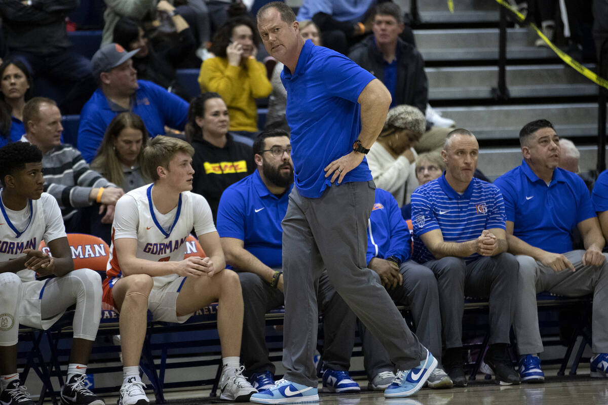 Bishop Gorman’s head coach Grant Rice paces the sidelines as his team is losing during a ...