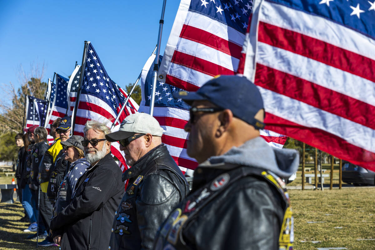Emil Moreau, middle, and other Southern Nevada Patriot Guard Riders stand assembled for a groun ...