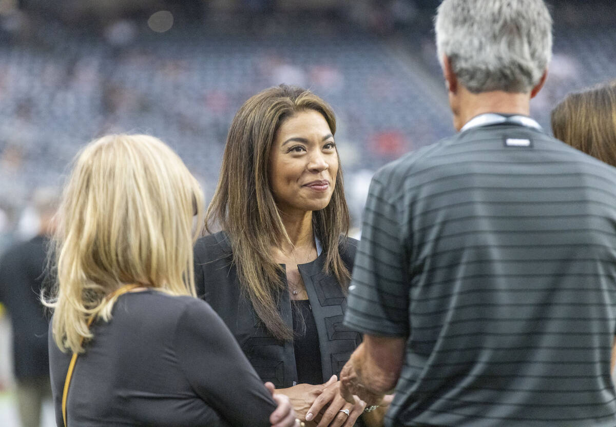 Raiders president Sandra Douglass Morgan meets with fans at Allegiant Stadium on Friday, Aug. 2 ...